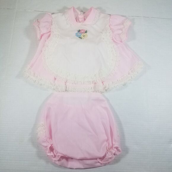 Vintage Mini World Baby Dress Flowers Pink 6-9 Mos Lace Matching Bloomers - Picture 1 of 3